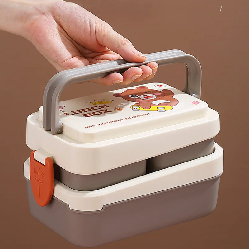 Kawaii lunch box with cartoon bear design on a brown background