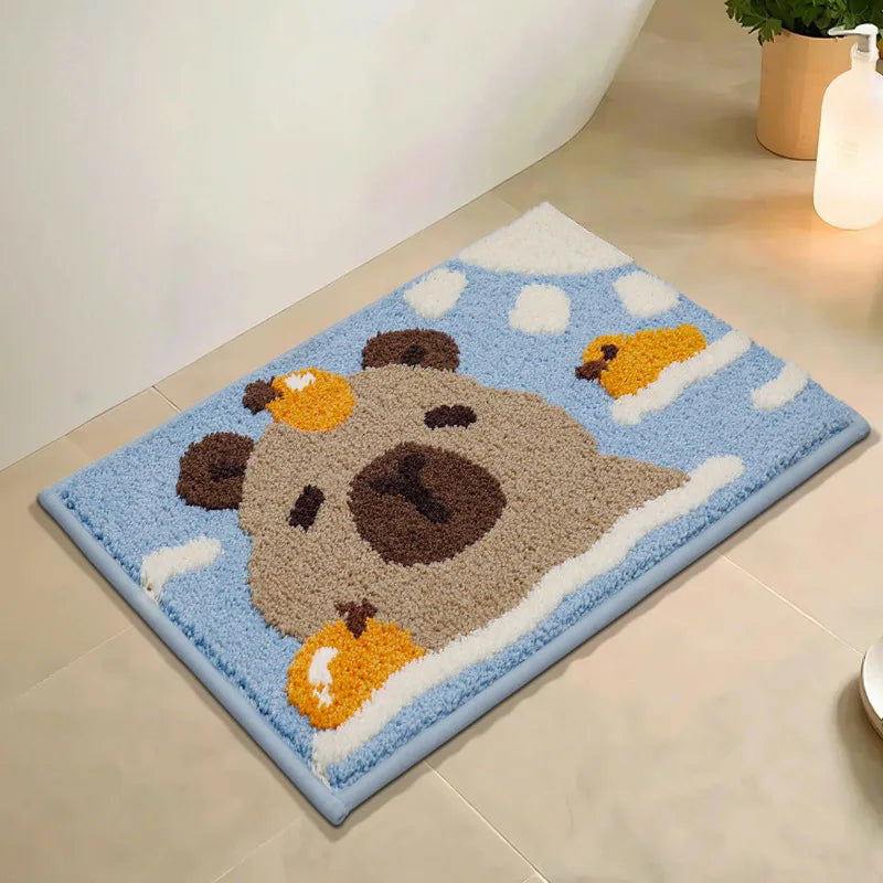 Cartoon bear kawaii rug on a bathroom floor with a light blue background
