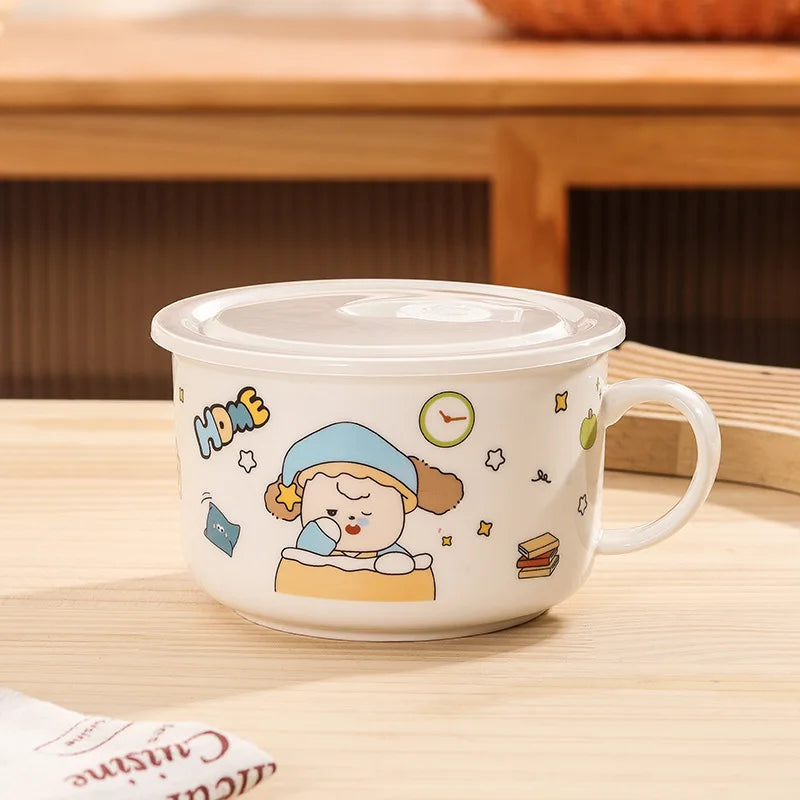 A cartoon themed kawaii ramen bowl on a table