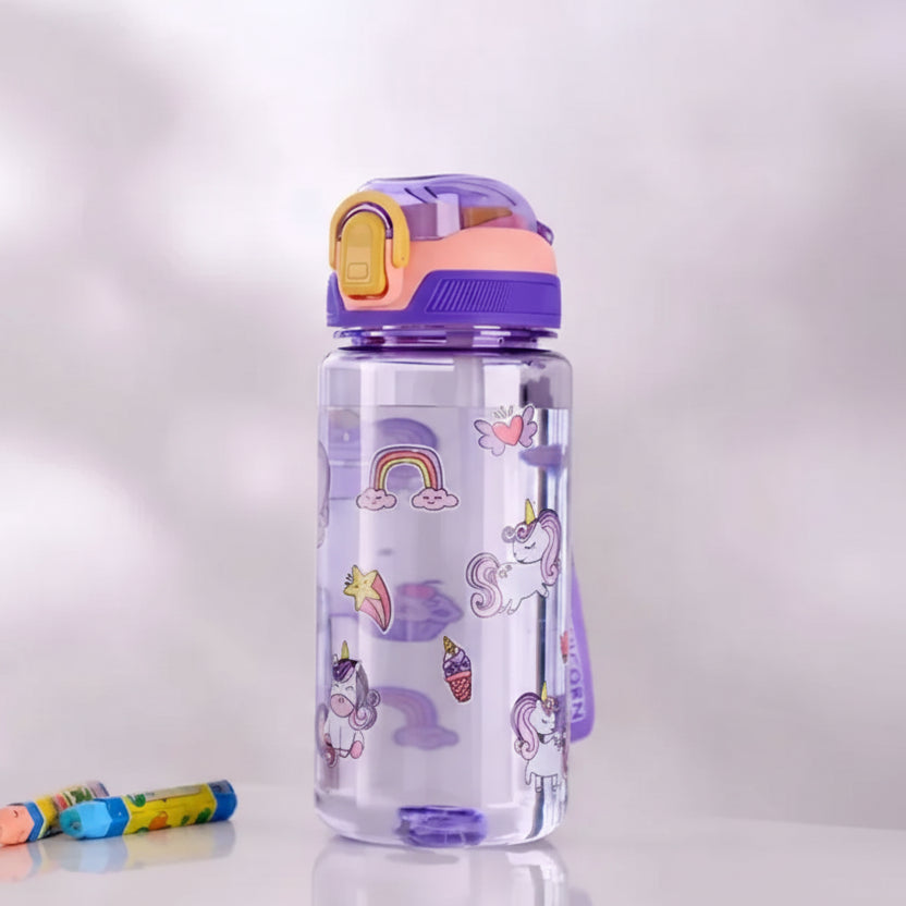 Purple kawaii water bottle with unicorn design on a white background
