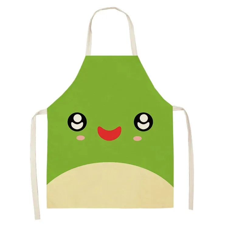 Green kawaii apron with a cartoon face design on a white background