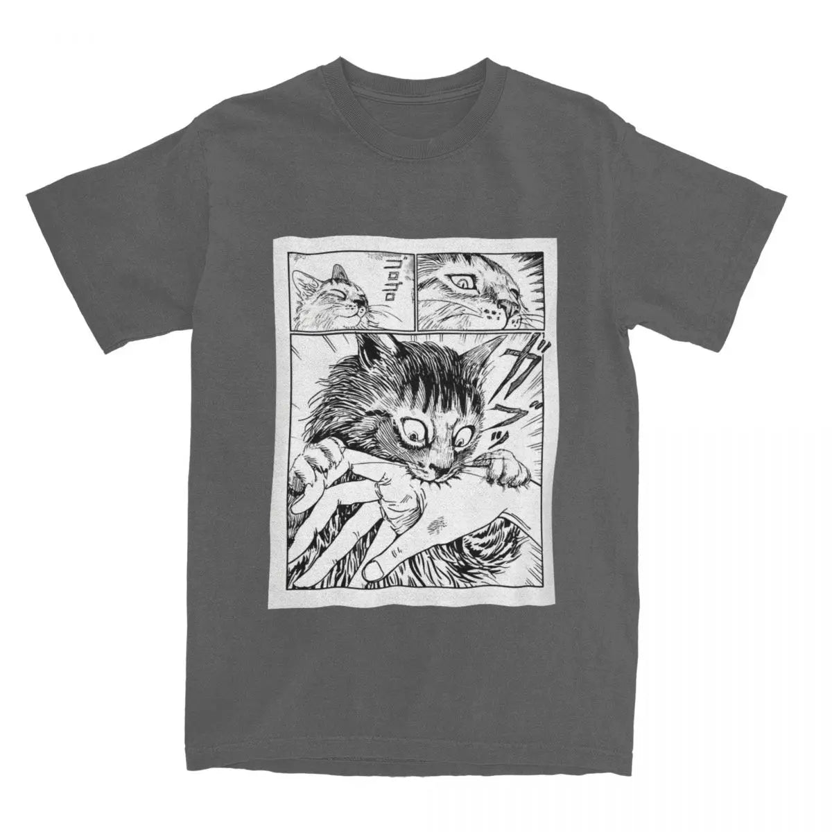 Gray t-shirt with black and white kawaii cat illustration on a white background