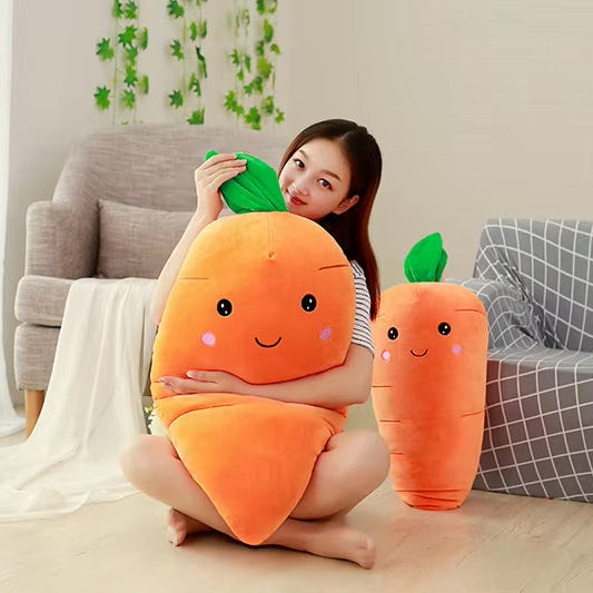 Woman holding two plush carrot kawaii toys in a living room setting