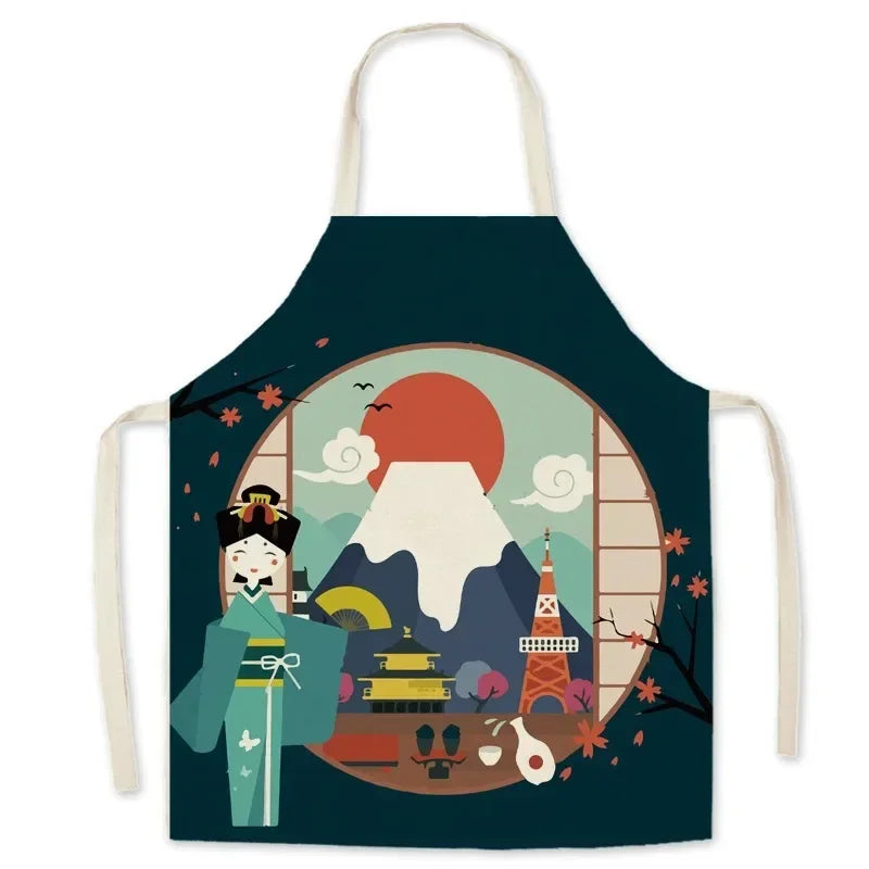 Kawaii apron with Japanese-themed design featuring Mount Fuji, a kimono, and other elements on a white background.