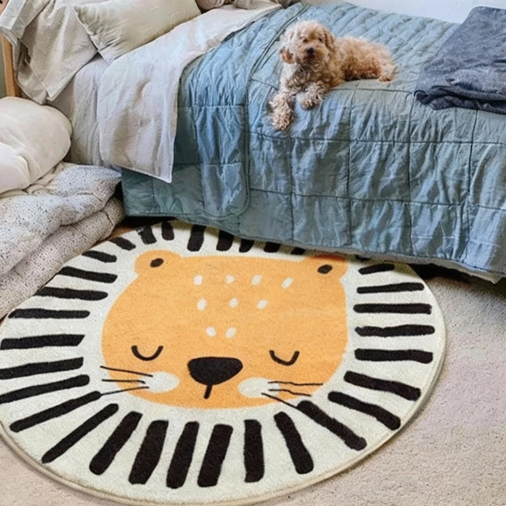 Round lion kawaii rug on a carpet with a dog sitting on a bed in the background