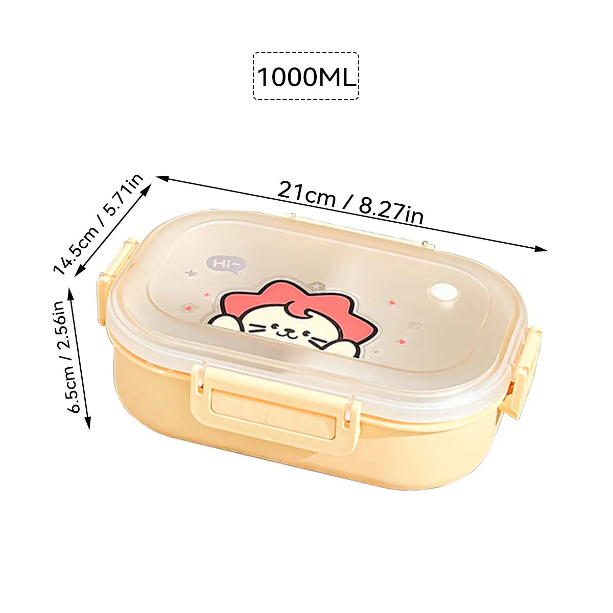 Rectangular food container with kawaii cartoon design on lid, showing dimensions and capacity.