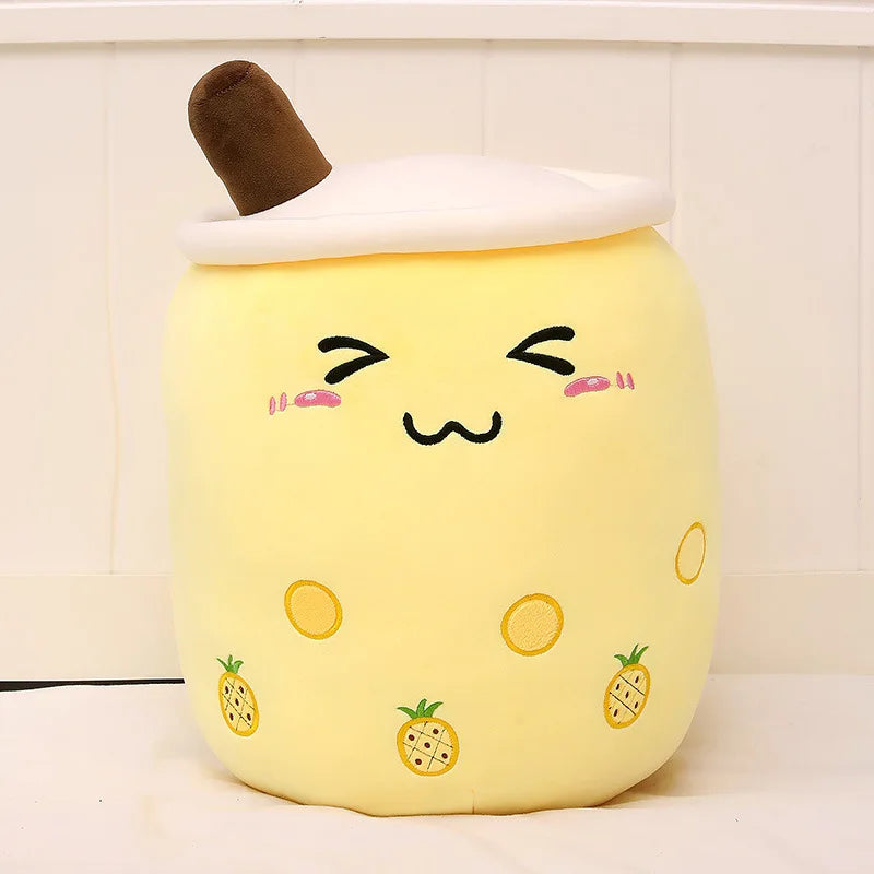 Plush toy resembling a kawaii cartoon character with a face on a white background