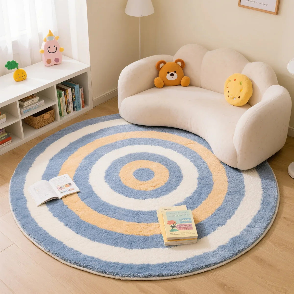 Round colorful kawaii rug with concentric circles in a child's room with a sofa and toys.