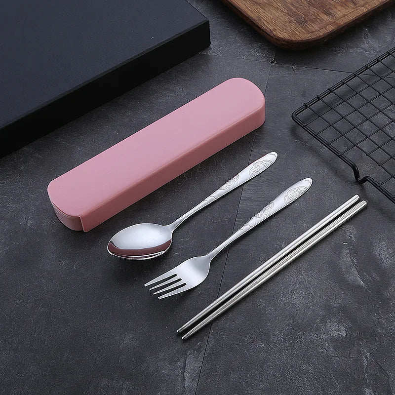 A set of kawaii utensils with a pink case
