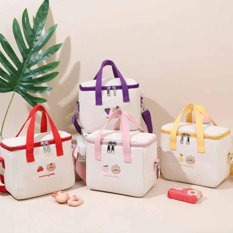 Set of white kawaii bags with colorful handles on a light background