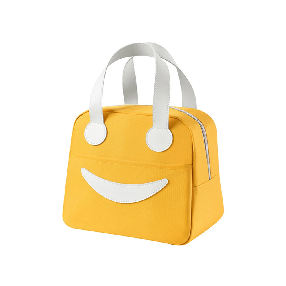 Yellow kawaii bag with a smiley face design on a white background