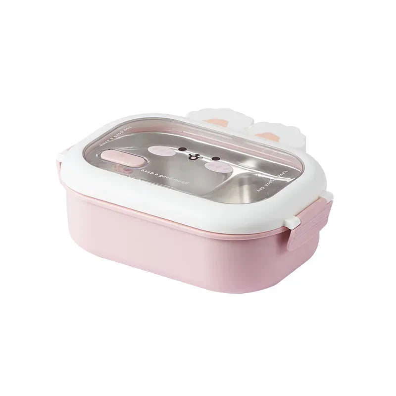 Pink and white kawaii lunch box with cat face design on a white background