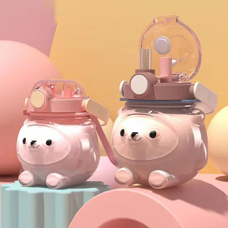 Two cute, cartoon-style pink kawaii bottles with animal faces on a colorful background