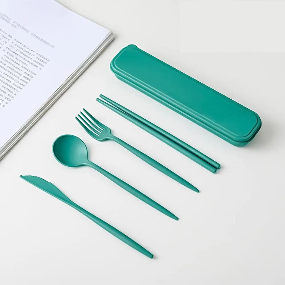 Teal kawaii utensils set with case on a light surface