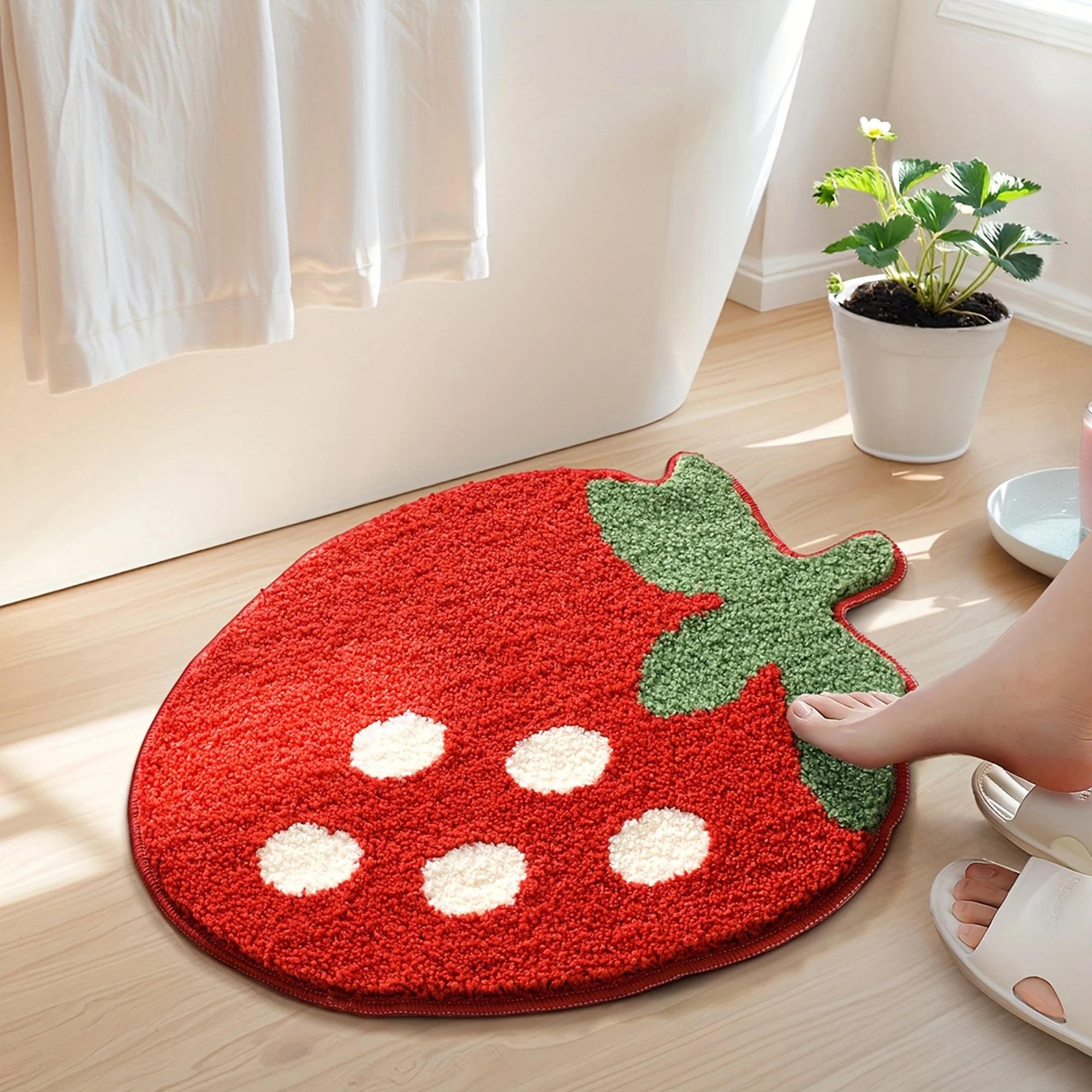 Red strawberry-shaped kawaii rug on a wooden floor with a plant in the background