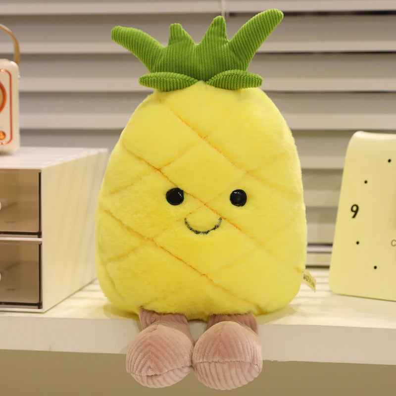 Kawaii plush toy pineapple with a smiling face on a shelf