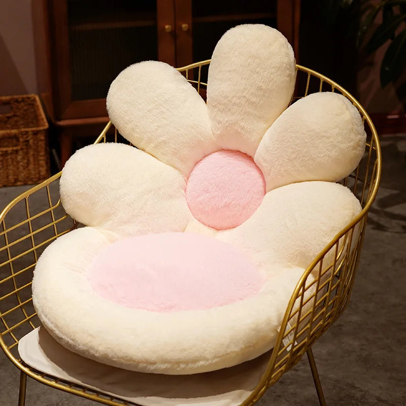 Flower-shaped kawaii cushion on a wire chair with a blurred background