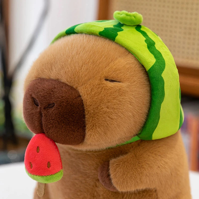 Kawaii plush toy resembling a dog with a watermelon design on a blurred background