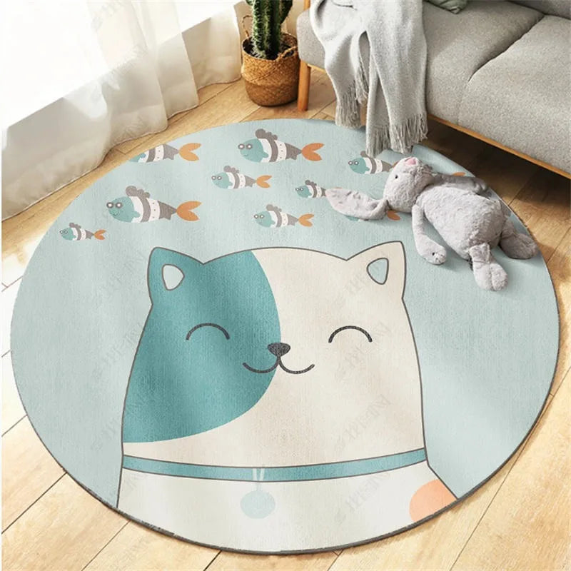 Round children's kawaii rug with a cat design on a wooden floor.