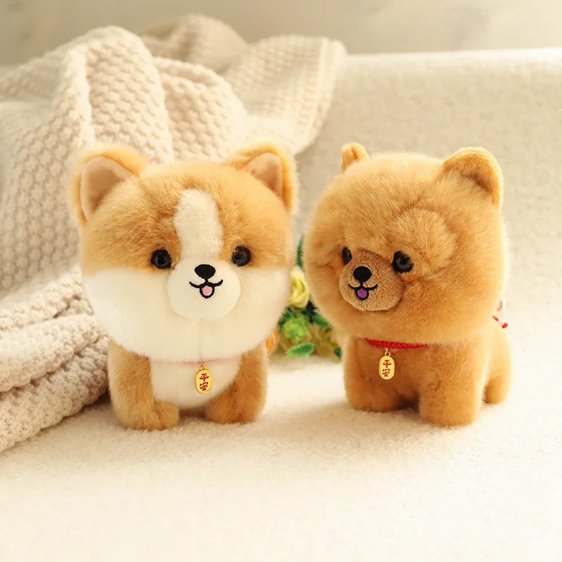 Two kawaii plush toy dogs with a soft blanket and flowers in the background