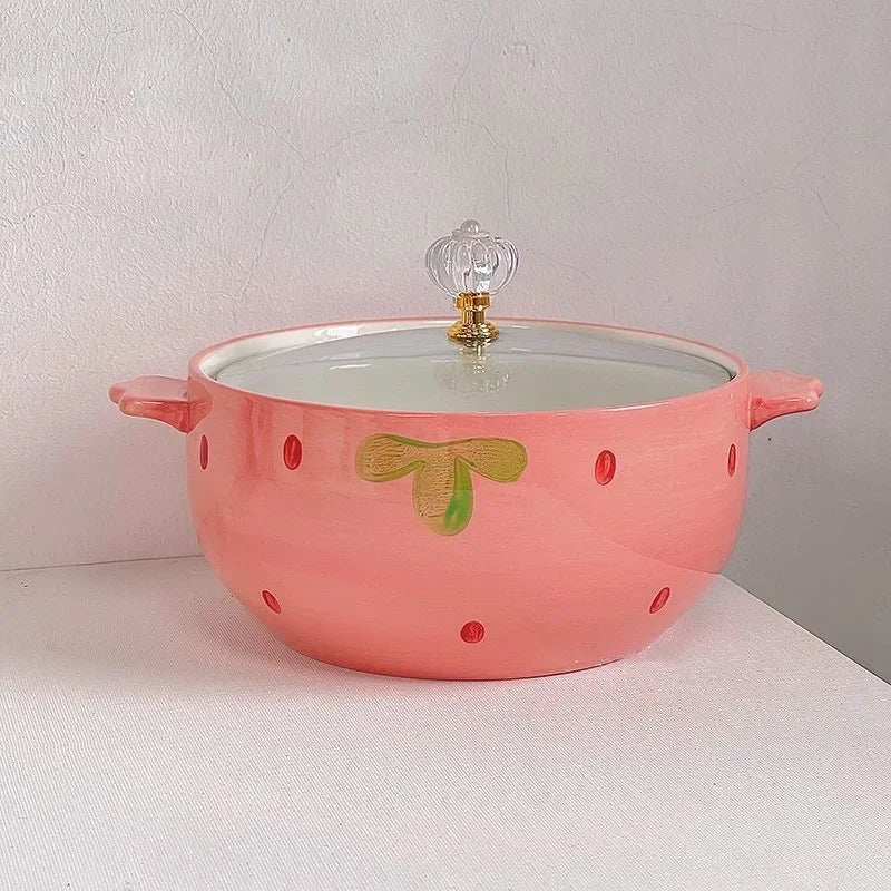 A strawberry designed kawaii bowl sitting on the table