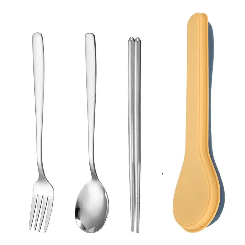 Set kawaii utensils including silver fork, spoon, and chopsticks with a yellow case on a white background