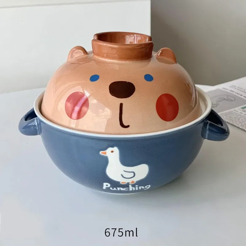 A dog themed blue and brown kawaii ramen bowl