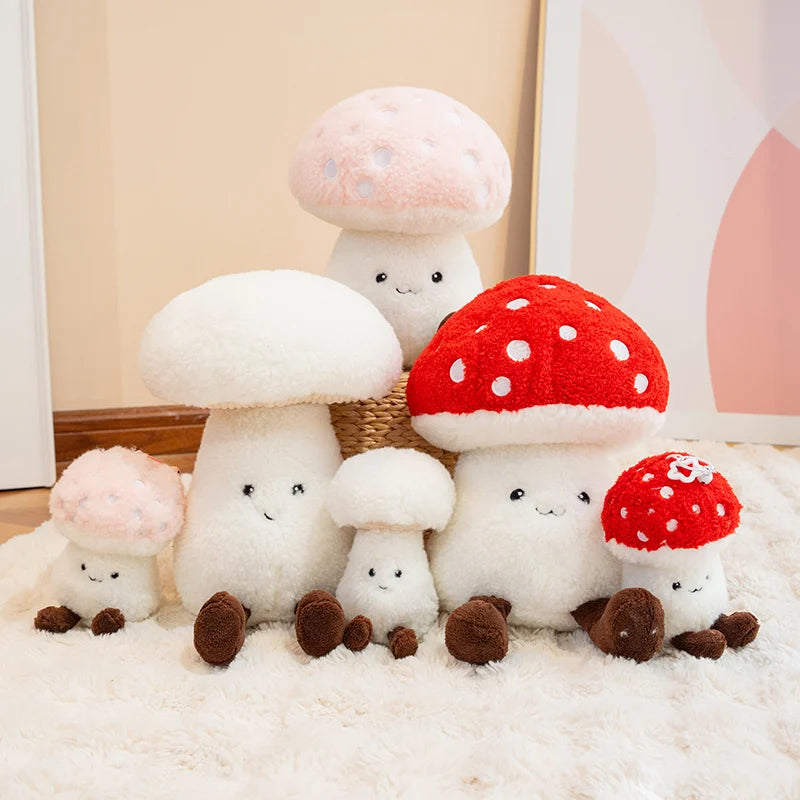Set of kawaii plush mushroom toys on a soft surface