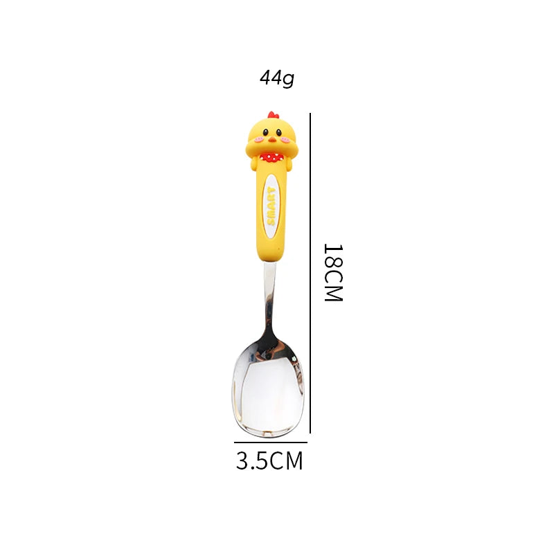 Kawaii spoon with cartoon duck handle and measurements on a white background