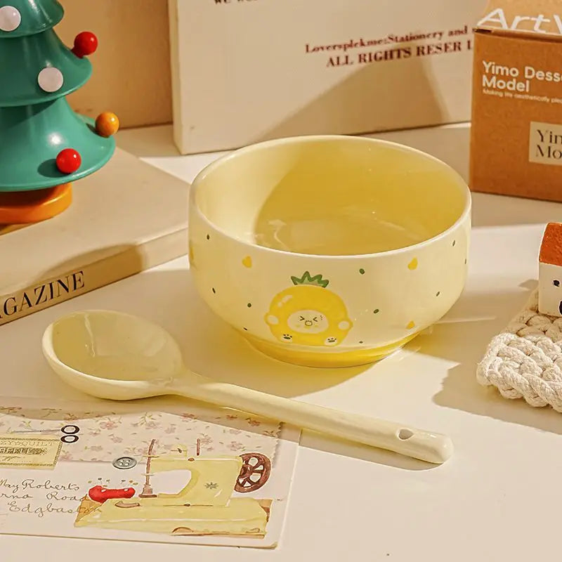 A cartoon designed kawaii bowl on a table