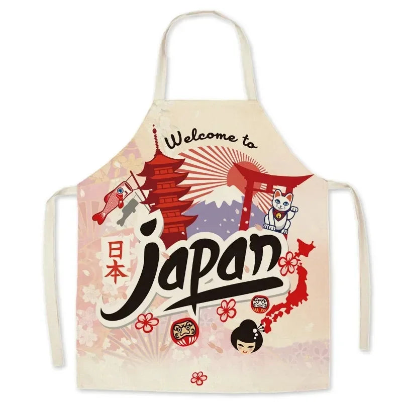 Kawaii apron with Japanese-themed design featuring Mount Fuji, a red torii gate, and cherry blossoms on a white background.