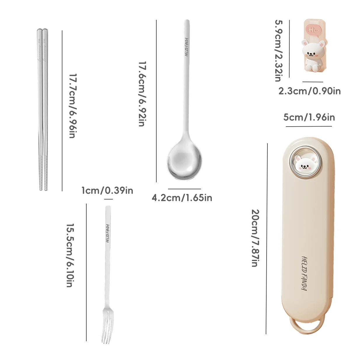 Measurement chart of kawaii utensils including a spoon, fork, and travel mug with dimensions.