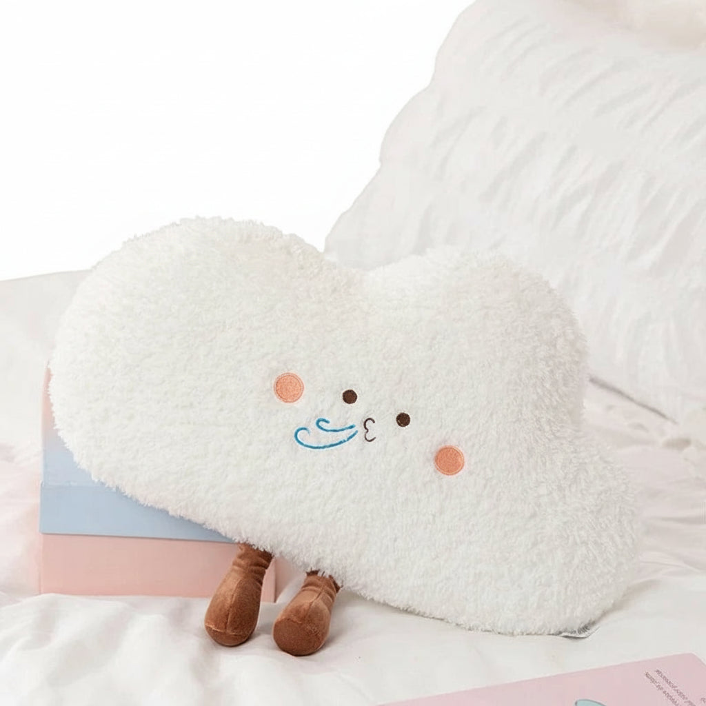 Cute kawaii plush cloud toy with a smiling face on a white background