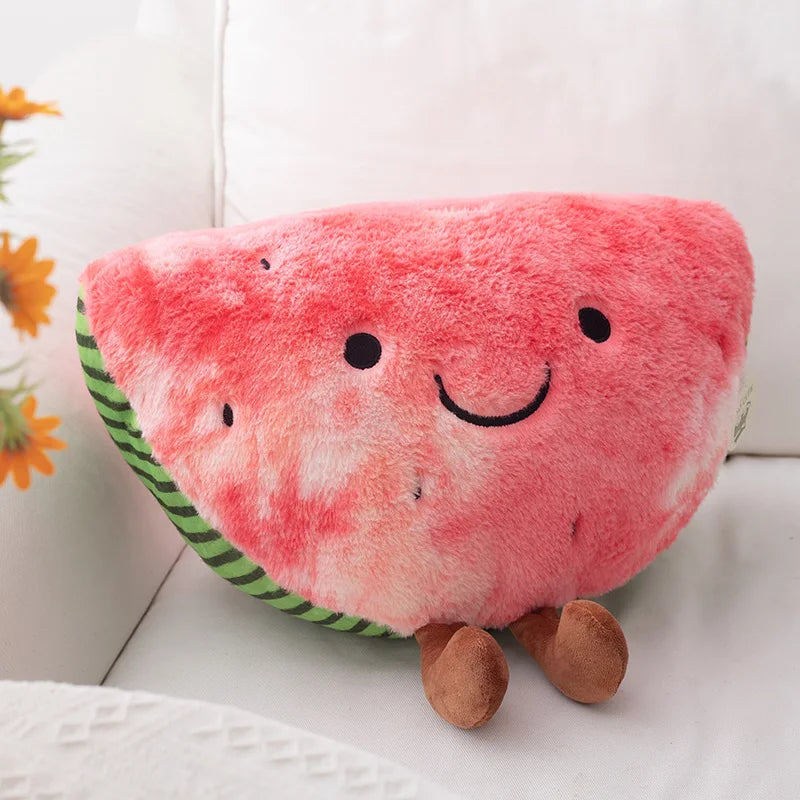 Kawaii plush toy shaped like a watermelon slice with a smiley face on a white surface.