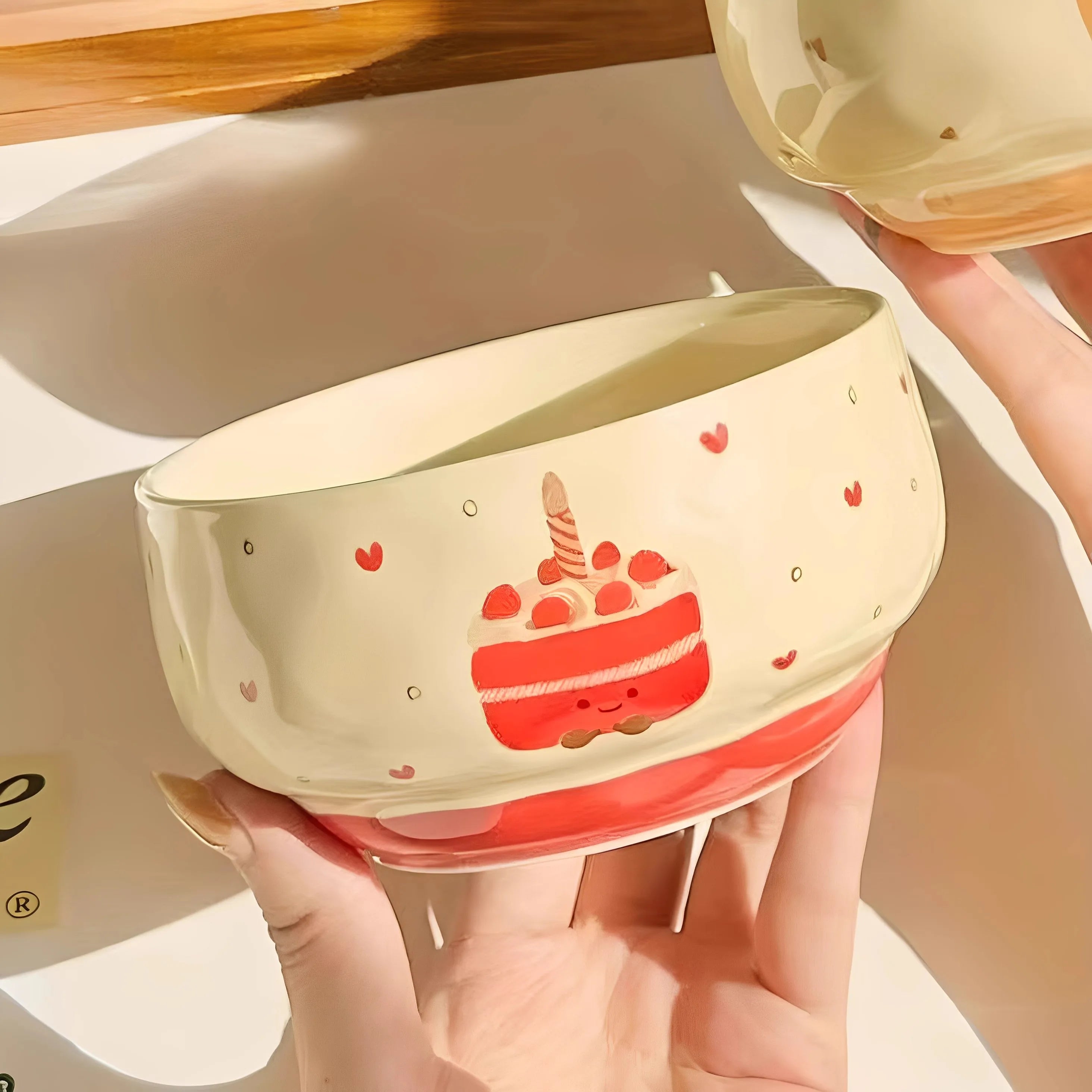 A cake designed kawaii bowl being held by someone