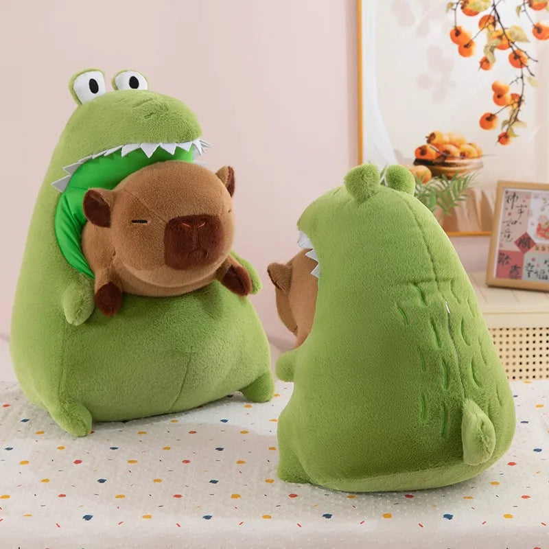 Green kawaii plush toy with a bear inside on a polka dot blanket