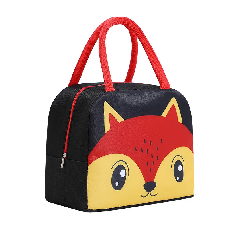 Black kawaii lunch bag with a fox face design on a white background
