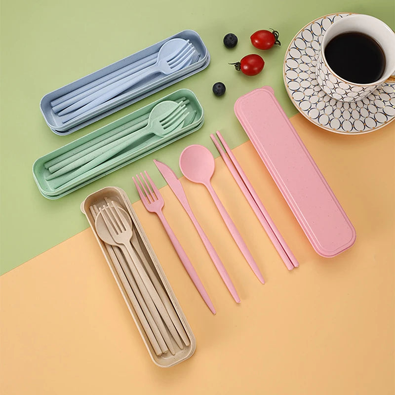 Set of kawaii colorful travel cutlery with cases on a multicolored background