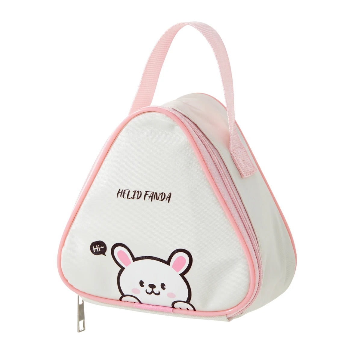 Triangle-shaped pouch with pink border and kawaii cartoon character on a white background