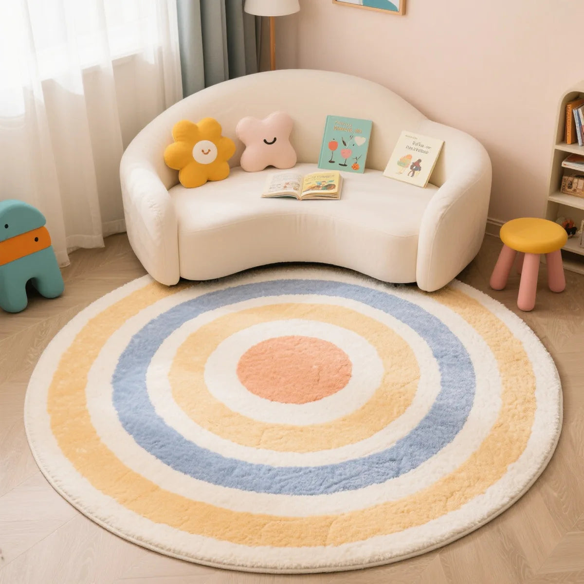 Round colorful kawaii rug in a child's room with a white sofa and toys.