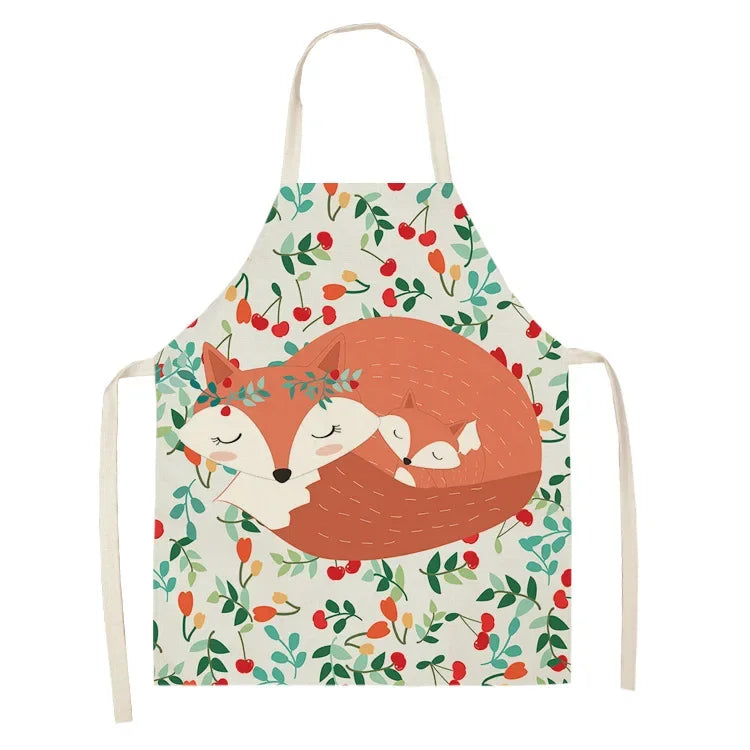 Children's kawaii apron with fox and cherry design on a white background