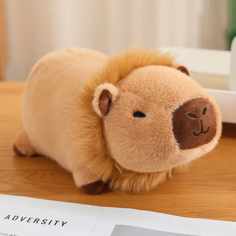 Kawaii plush lion toy on a wooden surface with a blurred background
