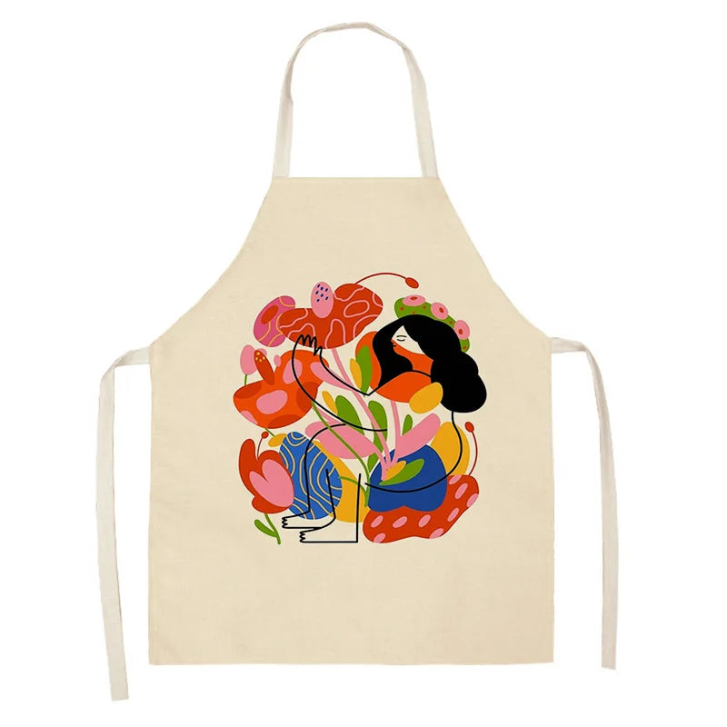 Beige kawaii apron with colorful artistic design of a woman and flowers on a white background