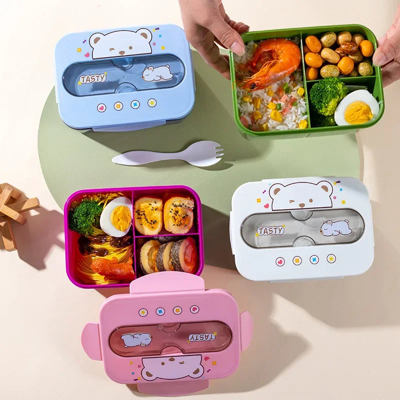 Colorful kawaii bento boxes with cartoon designs on a light background
