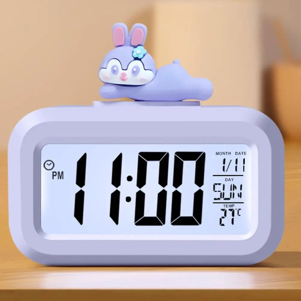 Kawaii digital clock with a cartoon character on top displaying time, date, and temperature.