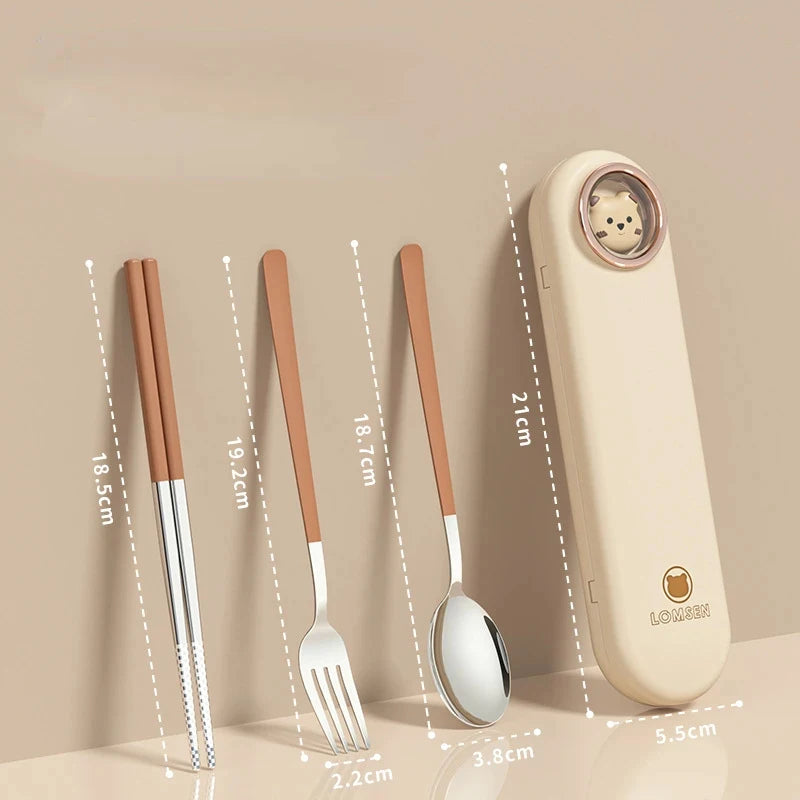 Set of travel kawaii utensils with dimensions labeled on a beige background