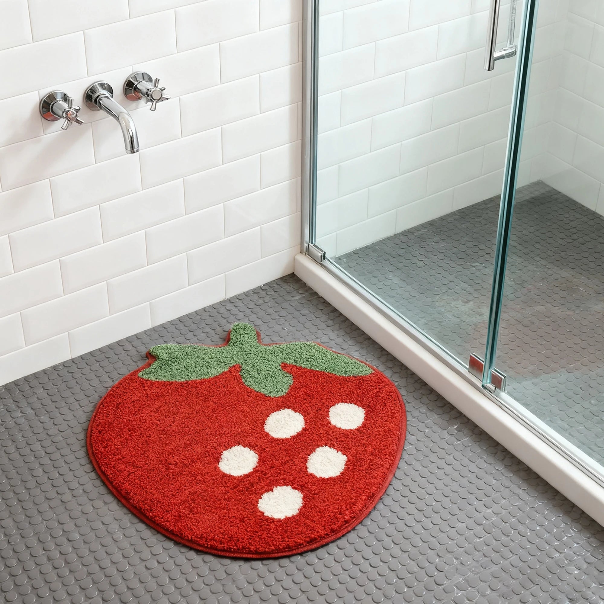 Red strawberry-shaped kawaii bath mat on a gray bathroom floor with white tiled walls and a glass shower.
