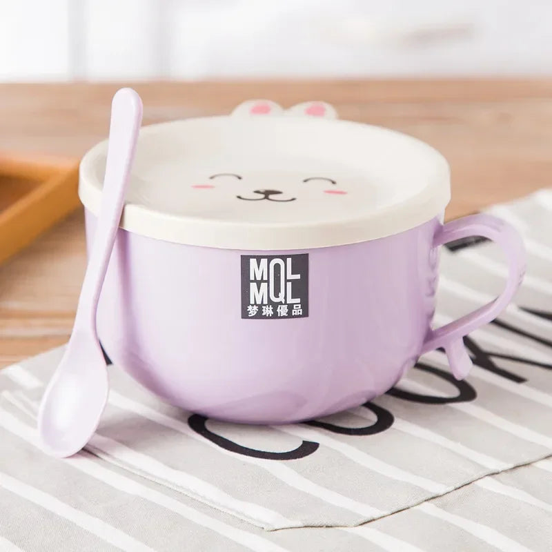 Purple kawaii ramen bowl with a lid and spoon on a white mat
