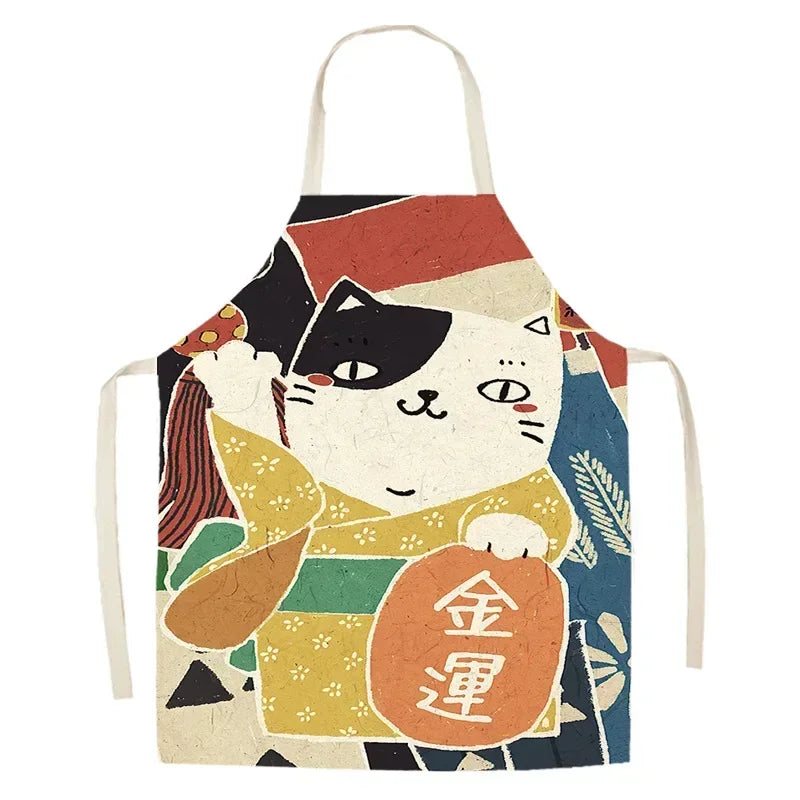 Kawaii apron with a cat design and colorful pattern on a white background