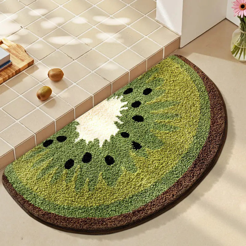 Kiwifruit-shaped kawaii doormat on a tiled floor
